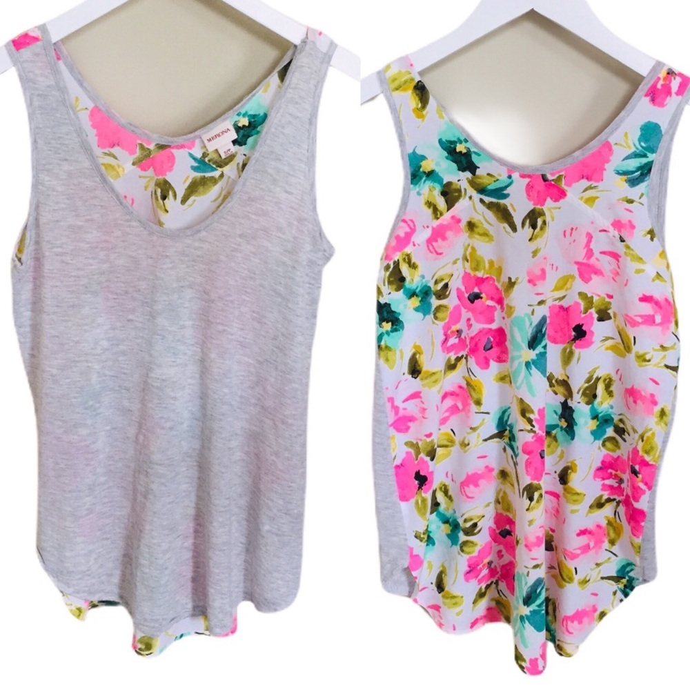 MERONA Floral Mixed Media Sleeveless Tank/Top With Scoop Neck Grey Size Small